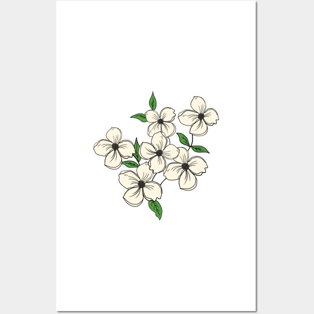 White Dogwood floral Hand Drawn Gardening Gift Wall Art by Mesyo